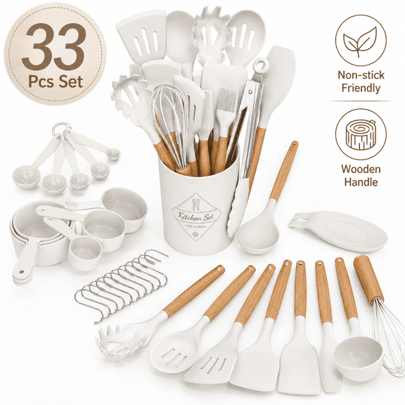 Kitchen Cooking Utensils Set, 33 pcs Non-stick Silicone Cooking Kitchen Utensils Spatula Set with Holder, Wooden Handle Silicone Kitchen Gadgets Utensil Set (Cream White)