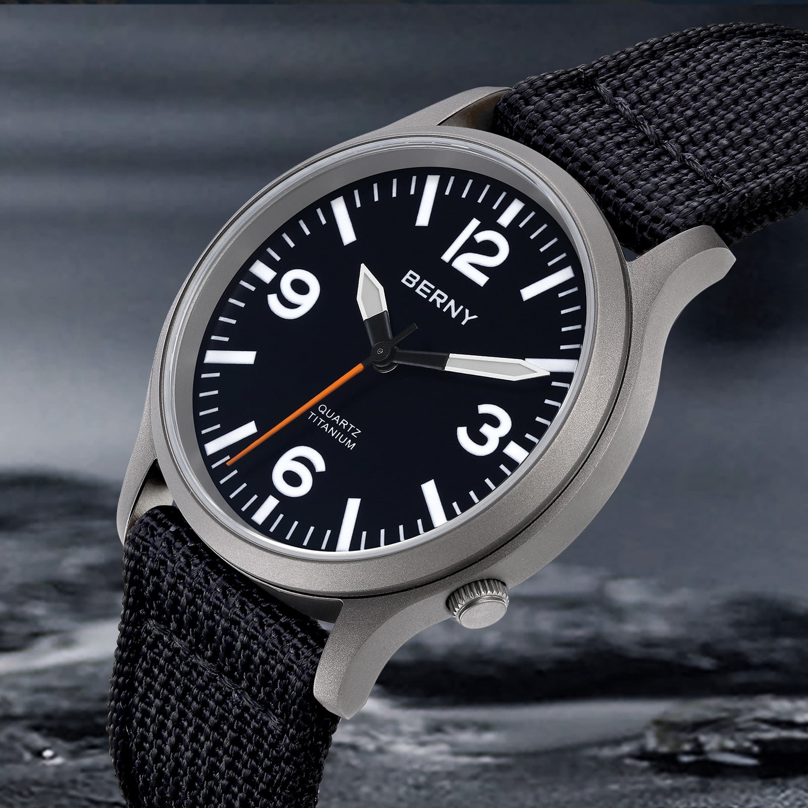BERNY Watches for Men Military Sport Nylon Strap Titanium Field Watch with Sapphire Crystal Luminous Fashion Analog Quartz Watch Easy to Read 50M Waterproof Army Tactical Casual Wristwatch (Black)