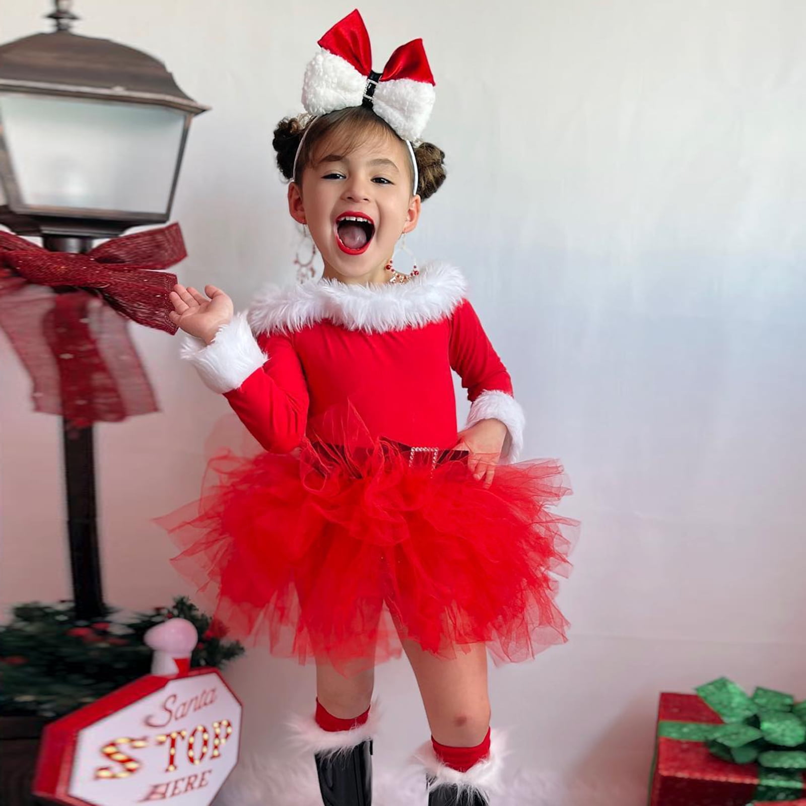 Gupgi Little Girl Christmas Dress Santa Girls Off Shoulder Long Sleeve Tulle Dress