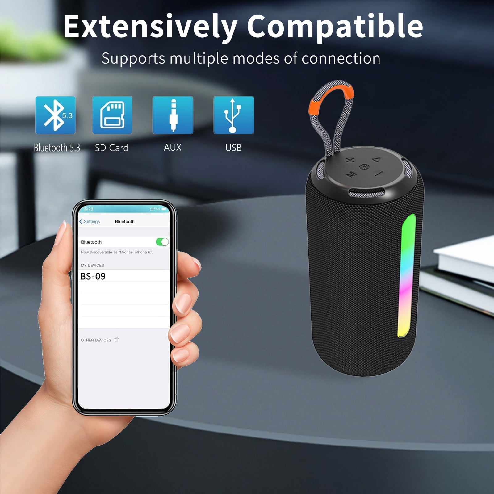 Portable Bluetooth Speaker with HD Sound, Waterproof & Dustproof Portable Speaker with Lights, Up to 20H Playtime, BT5.3, Outdoor Speaker for Home/Party/Outdoor/Beach, Birthday Gift, Black