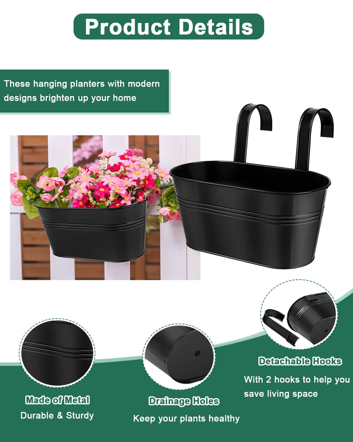 Metal Railing Planter for Outdoor Plants - 3 Pack Balcony Hanging Planter Box with Detachable Hooks and Drain Holes Oval Hanging Pots Fence Planters for Railing Garden Fence, Black