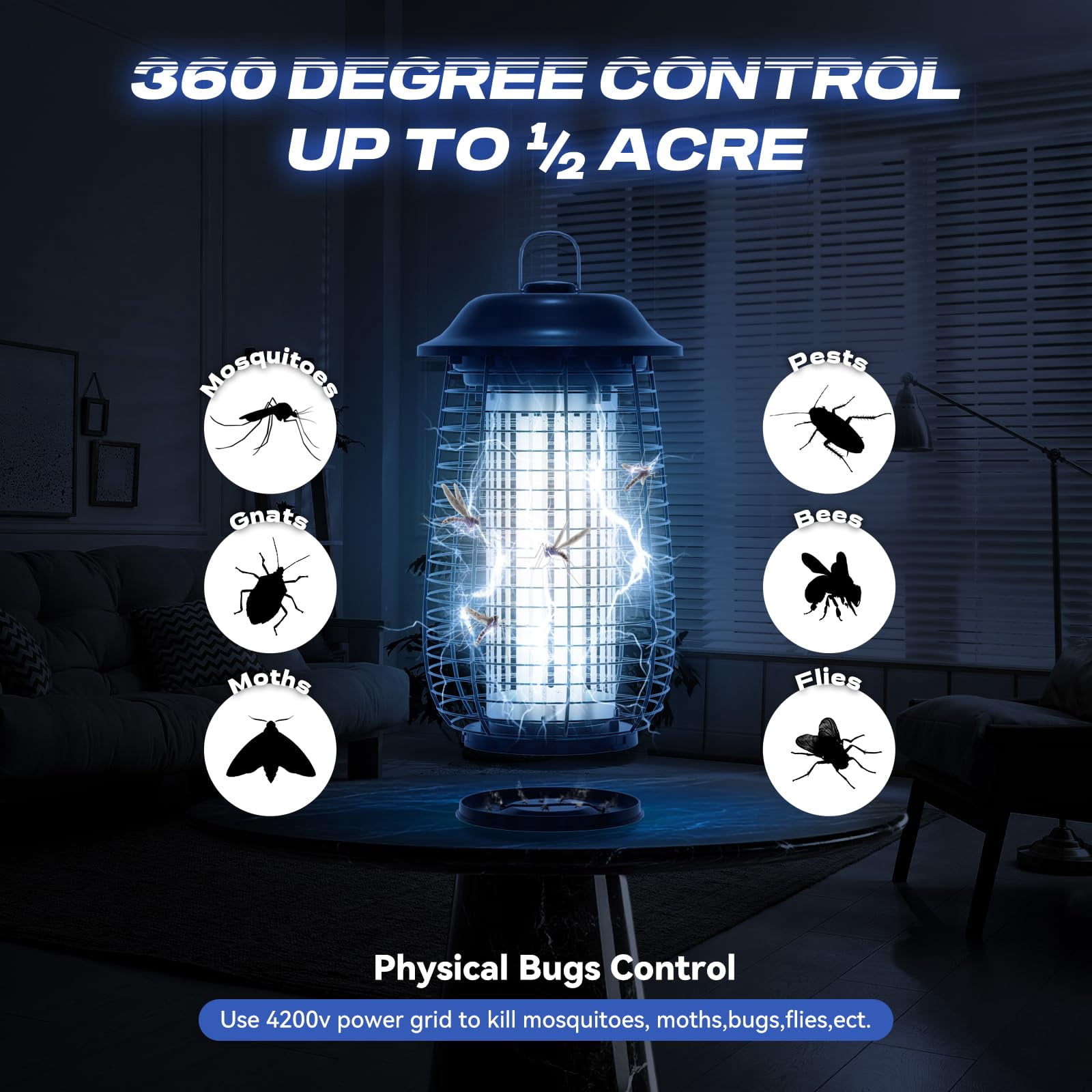Zapper Indoor & Outdoor  4200v Electric Mosquito 10 Years Lifespan 6.5ft Power Cord Waterproof Fly Killer For Home Patio Kitchen Backyard Camping