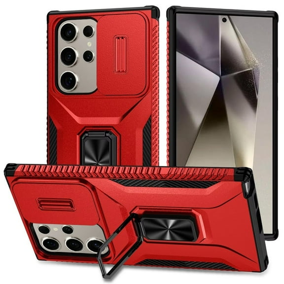 For Samsung Galaxy S25 /S25 Plus /S24 Plus Case, Case, Camera Cover with Magnetic Rotation Ring Stand, Military Grade Hybrid Hard TPU Shockproof Phone Cover (Red)