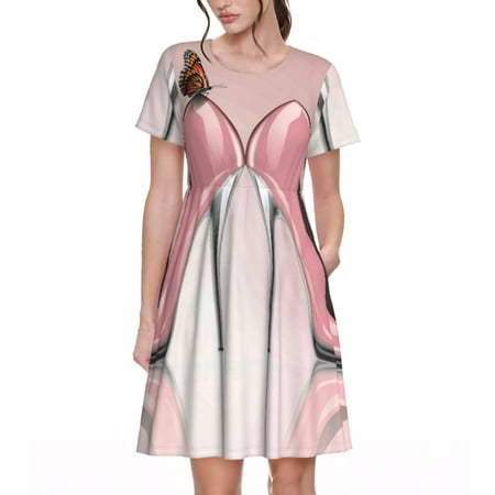 Qokaie High Heel Shoes Butterfly Print Womens Casual Short Sleeve Dress  Effortless Comfort and Stylish A-Line Design for Summer