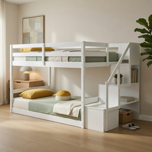 Demi Bonn Twin Over Twin Low Bunk Bed with Storage Stairs, Solid Wood Floor Bunkbeds Frame for Bedroom, No Box Spring Needed, White