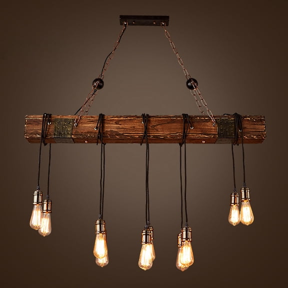 Rustic Industrial 10 Edison Bulb Chandelier Farmhouse Wood Island Pendant Light 110V 40W 46.46*66.54inch for A Kitchen Island, Dining Room, Entryway
