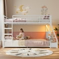 thumbnail image 2 of Plonmago Twin Size Bunk Bed with Storage Drawers,Sling Bookshelves,Power Outlet,LED Light,Metal Floor Bunk Twin Over Twin with Guardrail,Metal Slats,No Box Spring Needed,White Low Loft Bed, 2 of 8