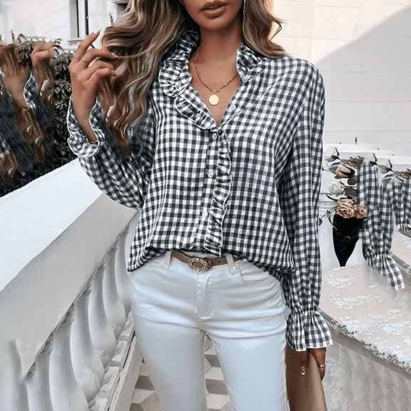 ZEHJUHAN Women's Parisian-Inspired Checkered Blouse - Stylish Ruffled Cuff Dress Shirt with Classic Stand Collar for Office & Casual Wear