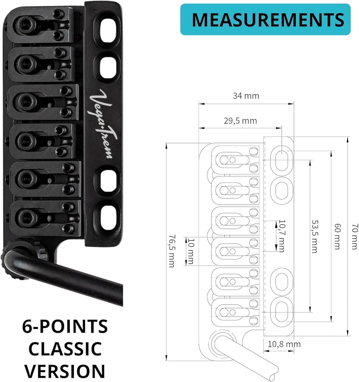 Vega-Trem VT1 Special Standard 6-Screw Stratocaster Guitar Tremolo Bridge For Strat No Mods Easy Installation Black, Right