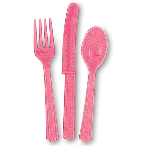 Unique Industries Assorted Plastic Silverware for 6, Hot Pink, 18pc