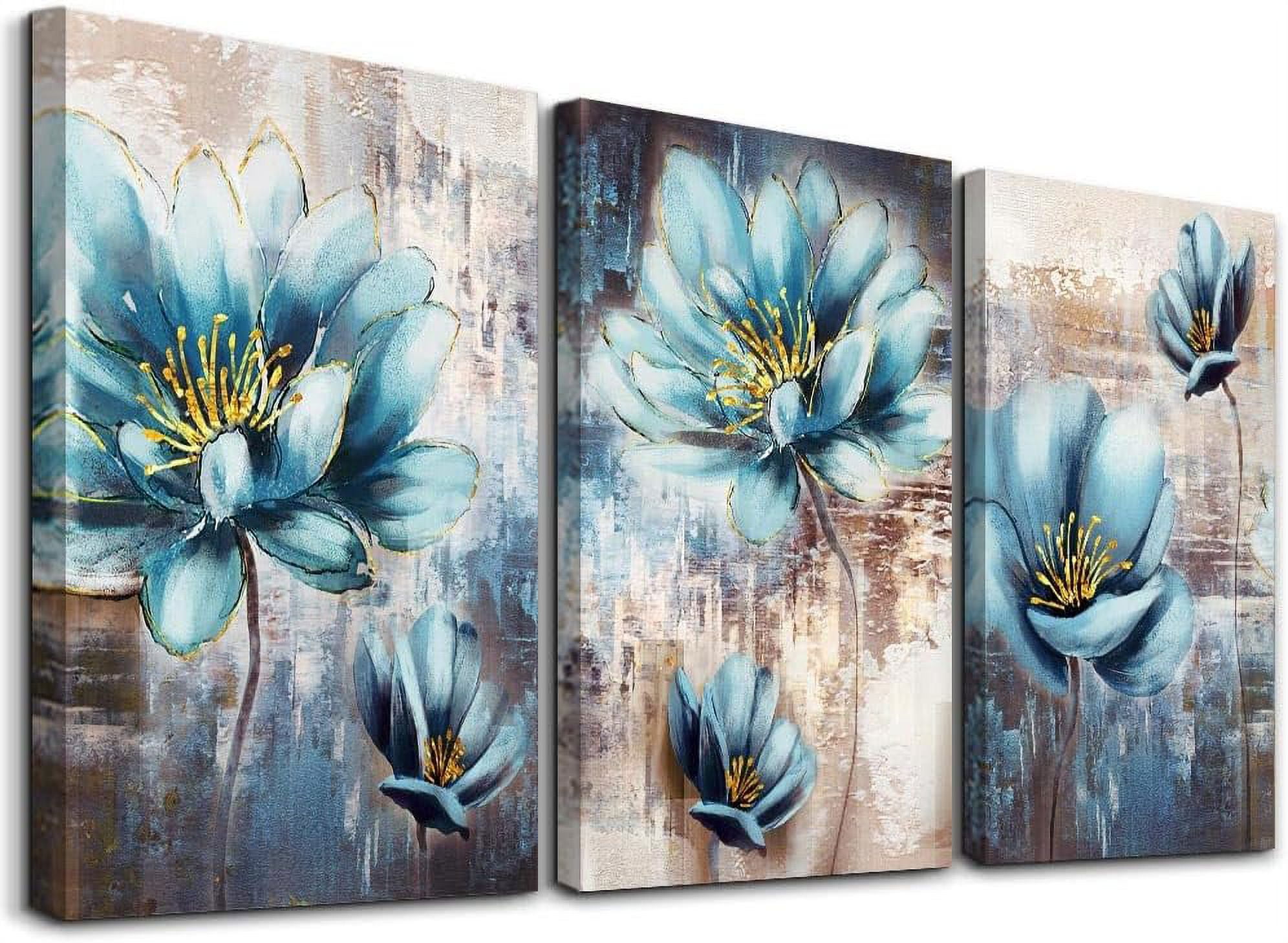 Canvas Wall Art For Living Room Family Wall Decor For Bedroom Abstract Blue Flowers Wall Paintings Office Decor Modern Wall Decorations For Kitchen Wall Pictures Artwork 12" X 16" 3 Piece