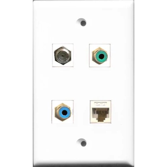 RiteAV 1 Port RCA Green and 1 Port RCA Blue and 1 Port Coax Cable TV- F-Type and 1 Port Cat6 Ethernet White Wall Plate