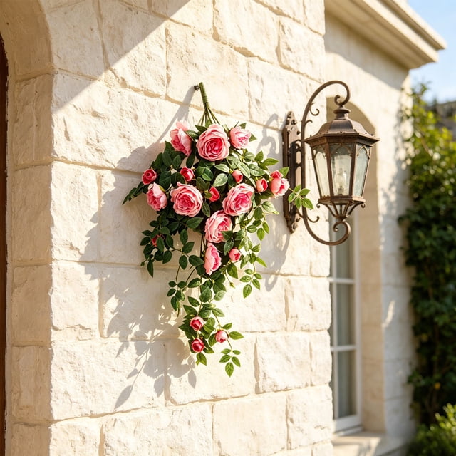 Flores colgantes de cesta de rosas artificiales para decoración tanto en exteriores como en interiores con enredaderas artificiales Arreglo floral de seda sin mantenimiento