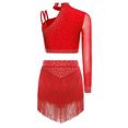 thumbnail image 4 of MSemis Women Single Sleeve Rhinestone Crop Top and Skirt Red S, 4 of 7