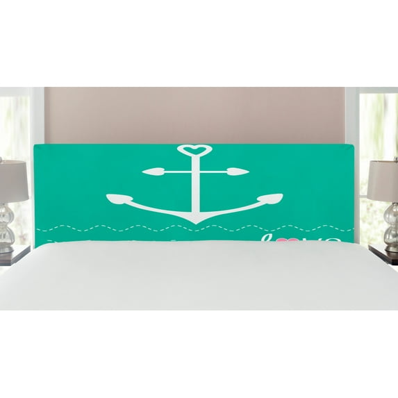 Anchor Headboard, Anchor Heart Shapes and Wavy Lines on the Bottom Sailor Love Loyalty Romance, Upholstered Decorative Metal Bed Headboard with Memory Foam, King Size, Green Pink White, by Ambesonne