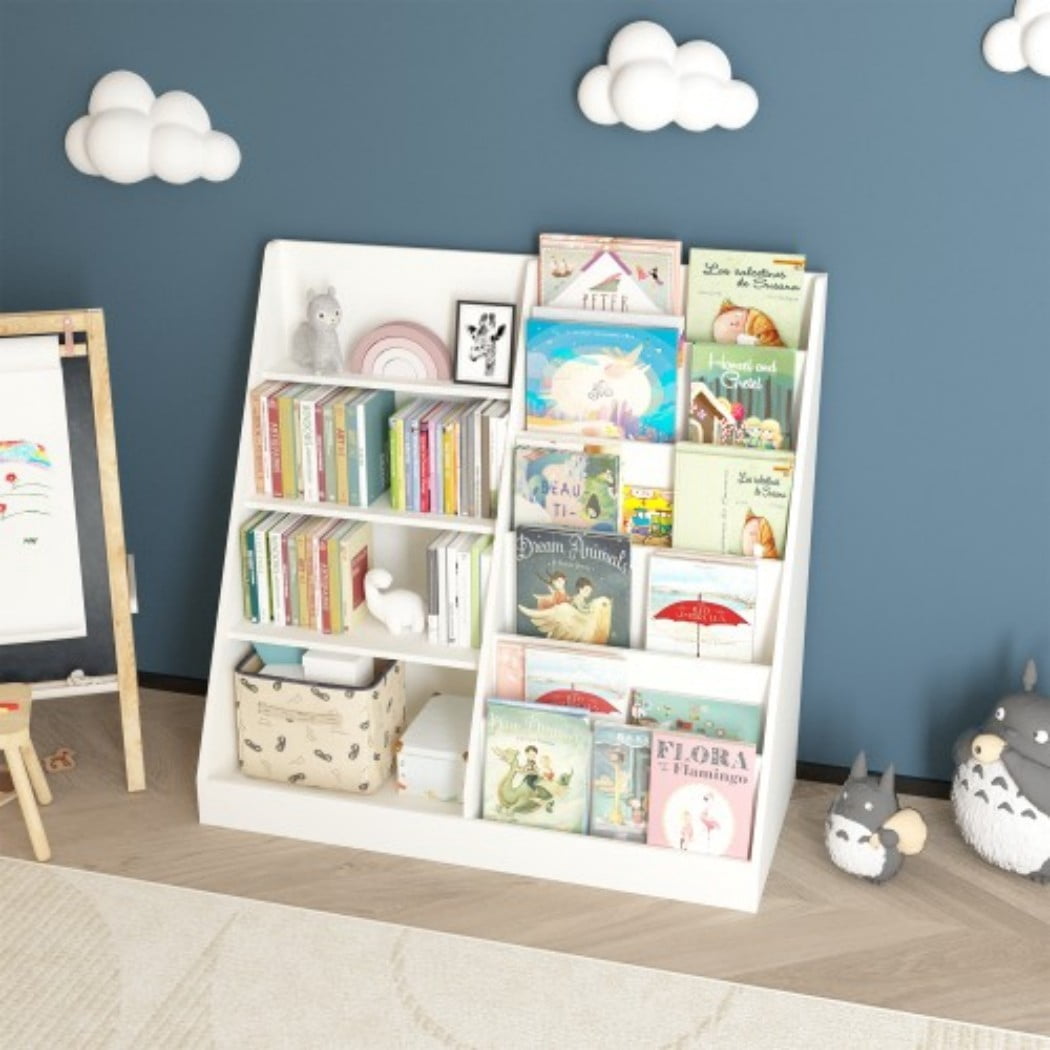 Kids Bookshelf and Toy Storage Organizer, Wooden Kids Bookcase with Multi-Level Shelves & Toy Storage, Children's Book Display Stand for Playroom, Nursery & Kids Room, White