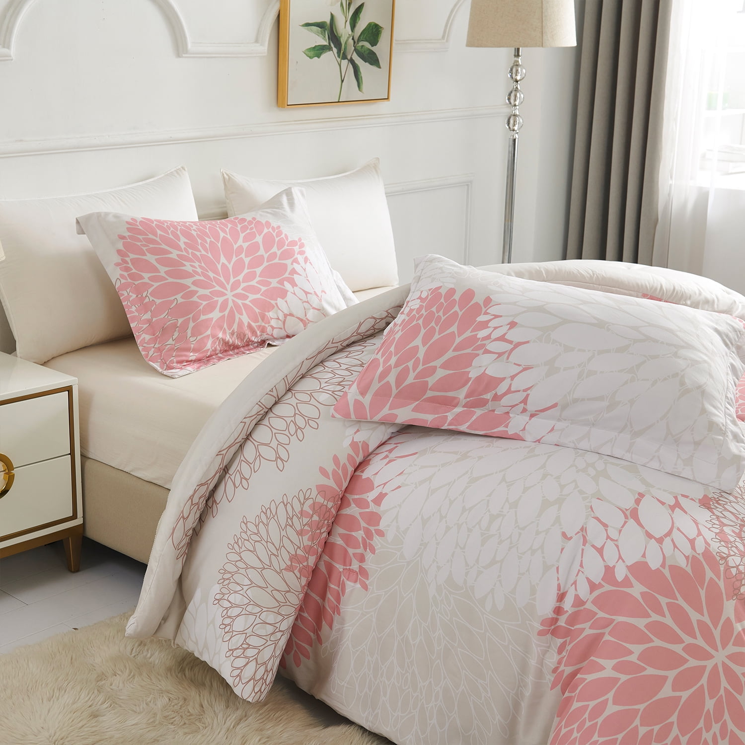 Koniroom Pink Floral Comforter Set, Botanical Beige Bedding Sets King Size with Cute Pink Flowers Printing for Women Teen Girls All Season 3 Pieces Comforters with 2 Pillow Shams (104x90 Inches)