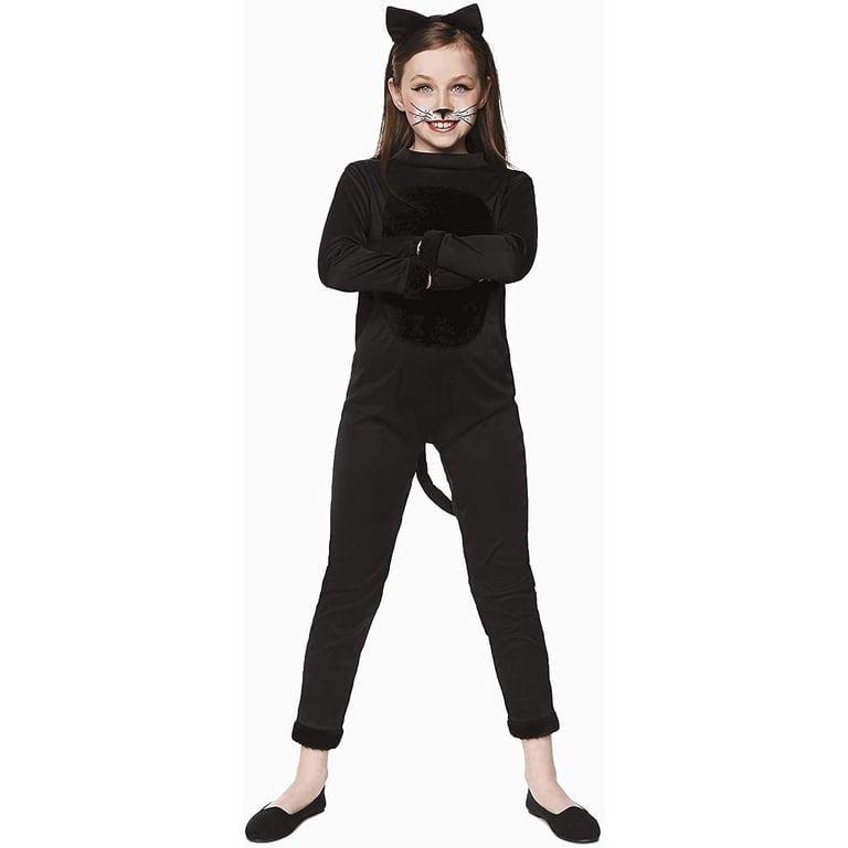 Soyoekbt Kids Black Cat Costume - One-Piece Jumpsuit Pajama With Mittens & Foot Covers (Ages 4-10)