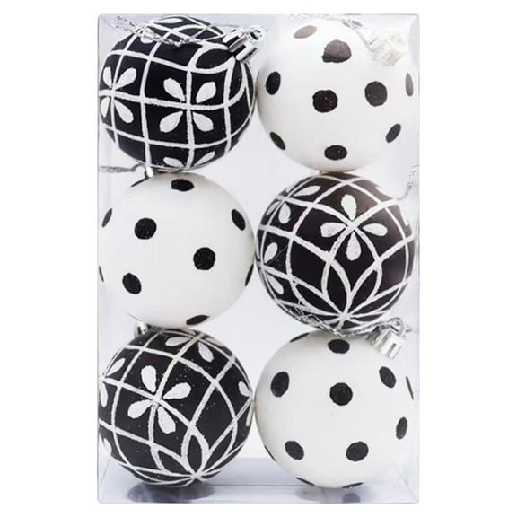 QISIWOLE Christmas Ball Ornaments Set, 6pcs Black and White Shatterproof Christmas Tree Decorations, 2.36 Inch Modern Boho Decorative Hanging Ornaments Bulk for Xmas Holiday Party Decor