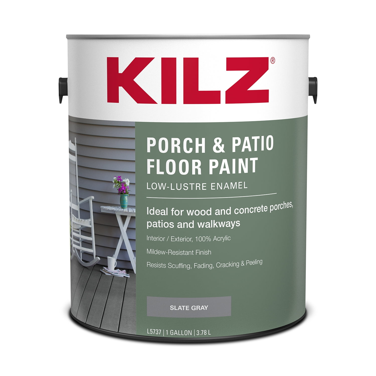 KILZ Porch & Patio Latex Floor Paint, Interior/Exterior, Low-Lustre Enamel, Slate Gray, 1 Gallon