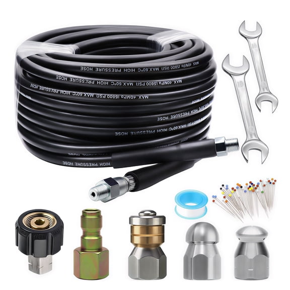 Sewer Jetter Kit 50FT for Pressure Washer, Pressure Washer Drain Jetter with 5800PSI Cleaner Hose 1/4 Inch NPT, Corner, Rotating & Button Nose Sewer Jetting Nozzle Spanner Waterproof Tape Pearl Pin