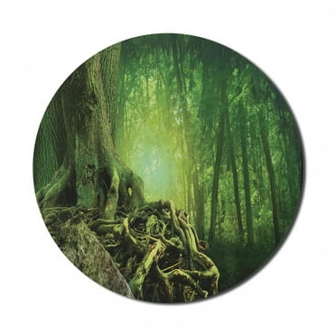 Forest Mouse Pad for Computers, Mysterious Woods Landscape Old Trees, Round Non-Slip Thick Rubber Modern Gaming Mousepad, 8" Round, Lime Green Forest Green, by Ambesonne