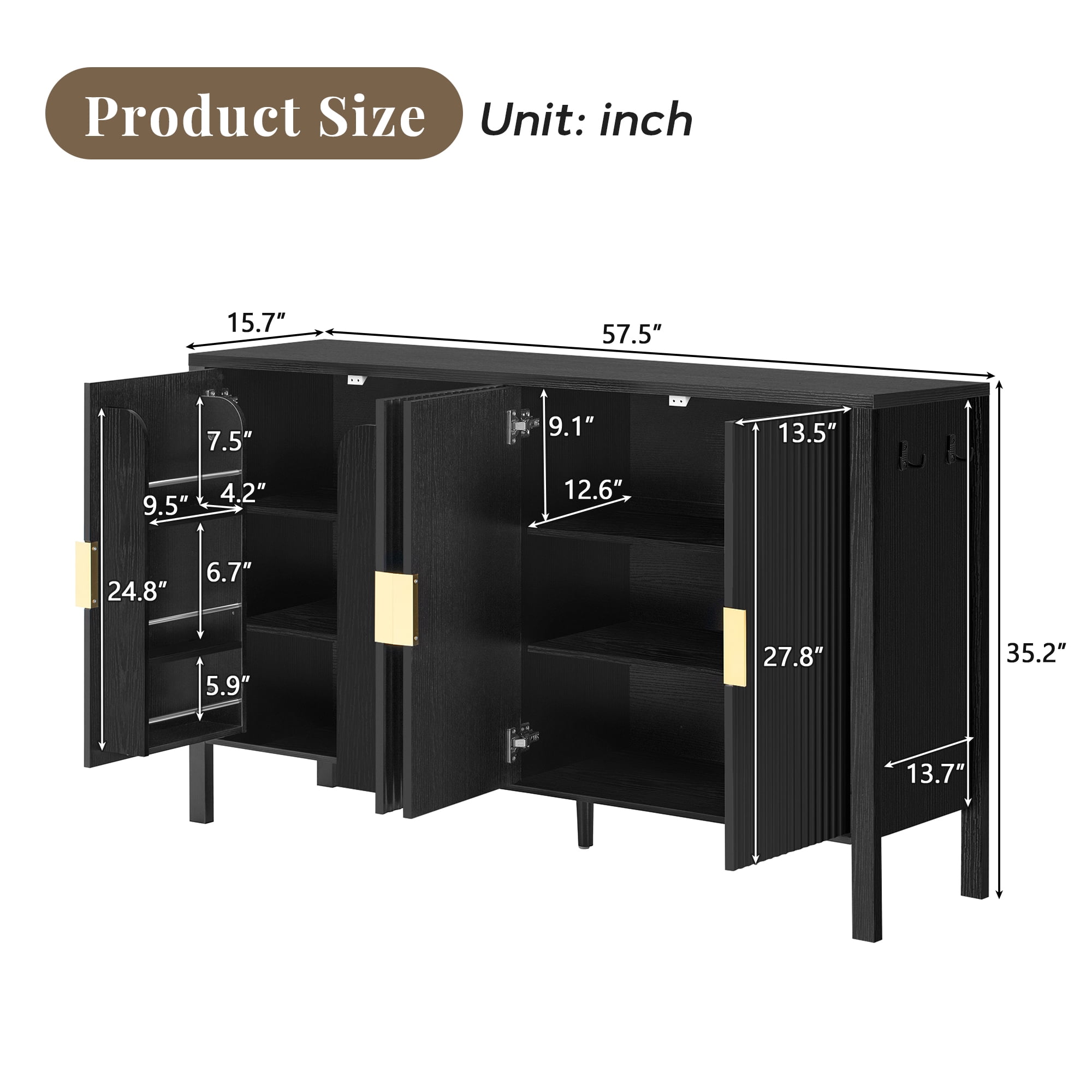 Storage Cabinet with 4 Doors, Modern Sideboard with Back-of-Door Racks & Side Hooks, Adjustable Shelves, 57.5" x 15.7" x 35.2", Black