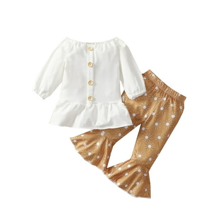 

IZhansean 2Pcs Toddler Baby Girls Fall Winter Clothes Long Sleeve Dress Tops + Floral Flared Pants Set Orange Sun 6-12 Months