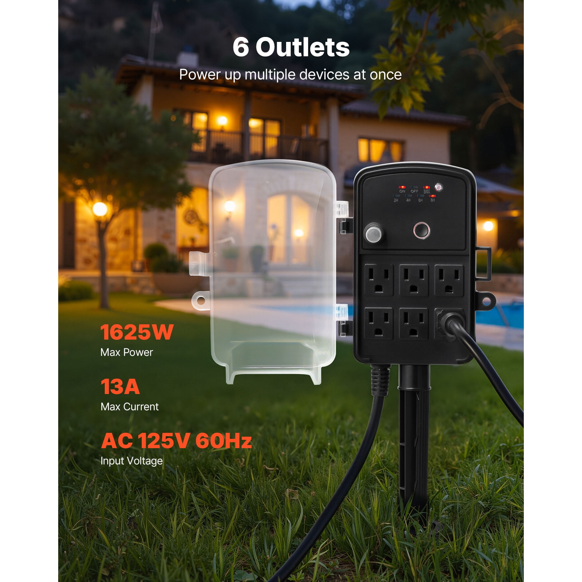 KFFKFF Outdoor Power Stake with 100FT Extension Cord, Weather-Resistant Power Strip with Cover, Remote-Controlled Light Timer, 6 Outlets, 1625W/13A, Ideal for Holiday Decorations and Garden Use