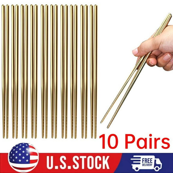 10 Pairs 8.9'' Reusable Chopsticks, Gold Plating Stainless Steel Metal Chopstick
