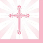 Club Pack of 360 Pink and White Cross Communion or Baptism Party Beverage Napkins From the Blessings Collection 5"