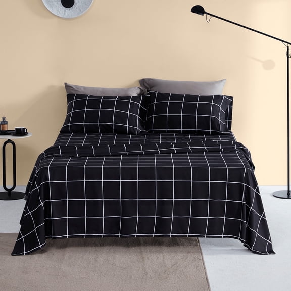 Sonive Queen Bed Sheet Set, 4 Pieces Breathable & Super Soft, Easy Care Printed Microfiber with Deep Pocket & Envelope Closure for Women, Men (White Grid, Queen)