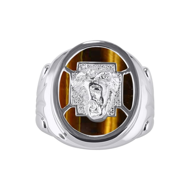 RYLOS Men's Rings Sterling Silver Christ Head Religious Ring With Diamonds and Tiger Eye Tiger Eye Designer Men's Jewelry Size 9