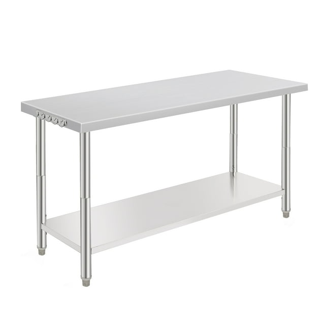 Table de Travail en Acier Inoxydable NSF - 60x24x35 Pouces - Tablette Inférieure Réglable, Robuste, Crochets pour Outils, Bord Droit, Sans Roulettes, Sans Dosseret, pour Restaurant et Cuisine