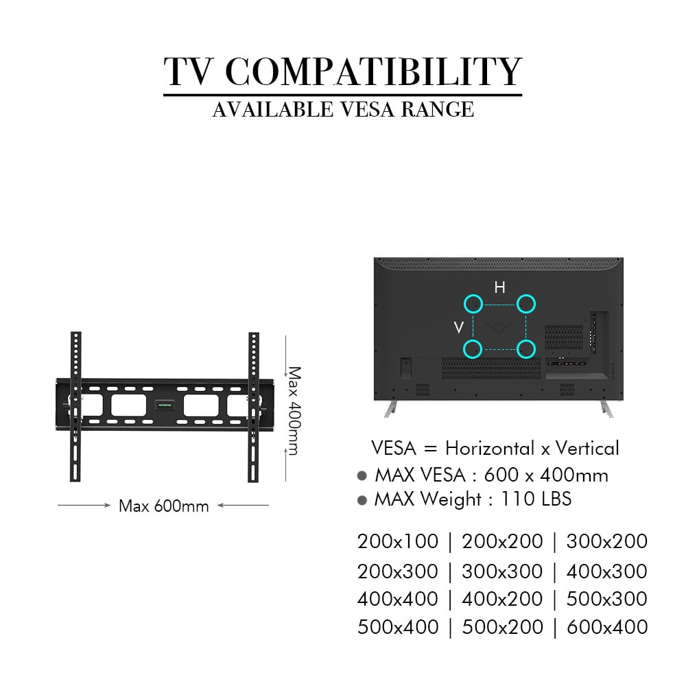 Tilting TV Wall Mount Bracket for 32-70 Inch Flat Screen TVs/Curved TVs, Low Profile TV Wall Mount Bracket with 10 Degrees Tilting- Easy to Install, up to VESA 400x600mm Weight up to 110 LBS