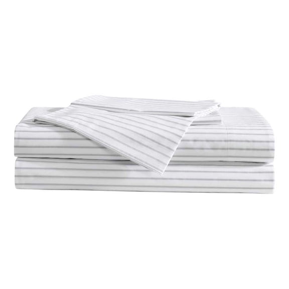 Arden Stripe 4-Piece Grey/White Cotton King Sheet Set