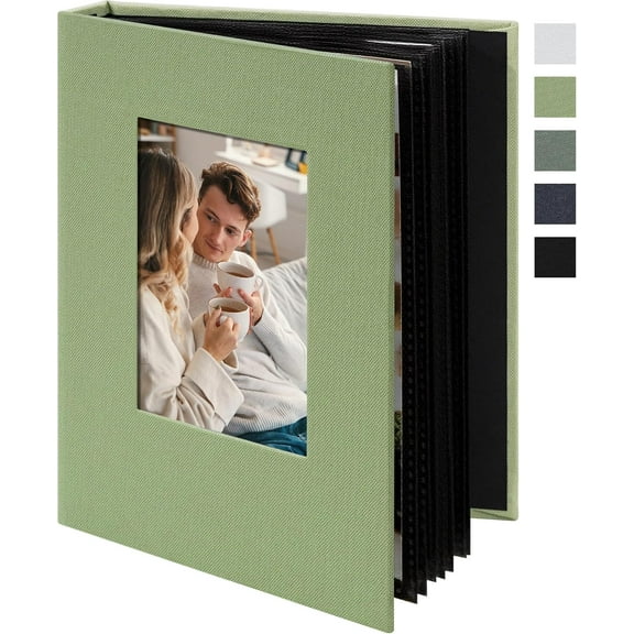 HearthHarmony Small 4x6 Photo Album 24 Pockets Linen Cover with Front Window Portable Mini Picture Book for Travel Wedding Memories Organizer Light Green