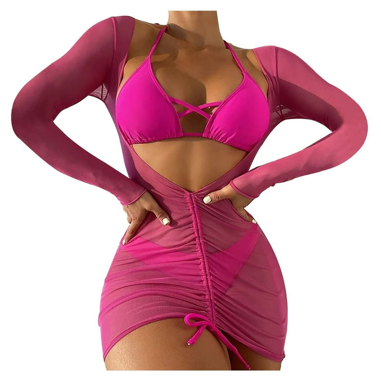 RQYYD Womens 3 Piece Swimsuit Sexy Halter Triangle Bikini High Waist Mesh  Beach Swimwear Bathing Suit Cover Up Dress(Hot Pink,S)
