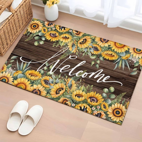 Sunflower Entryway Rug 2'x3' Non Slip Front Door Mats, Yellow Summer Botanical Wooden Farmhouse Entrance Rugs Indoor Outdoor Carpet, Washable Floor Mats Small Area Rug for Bedroom Kitchen