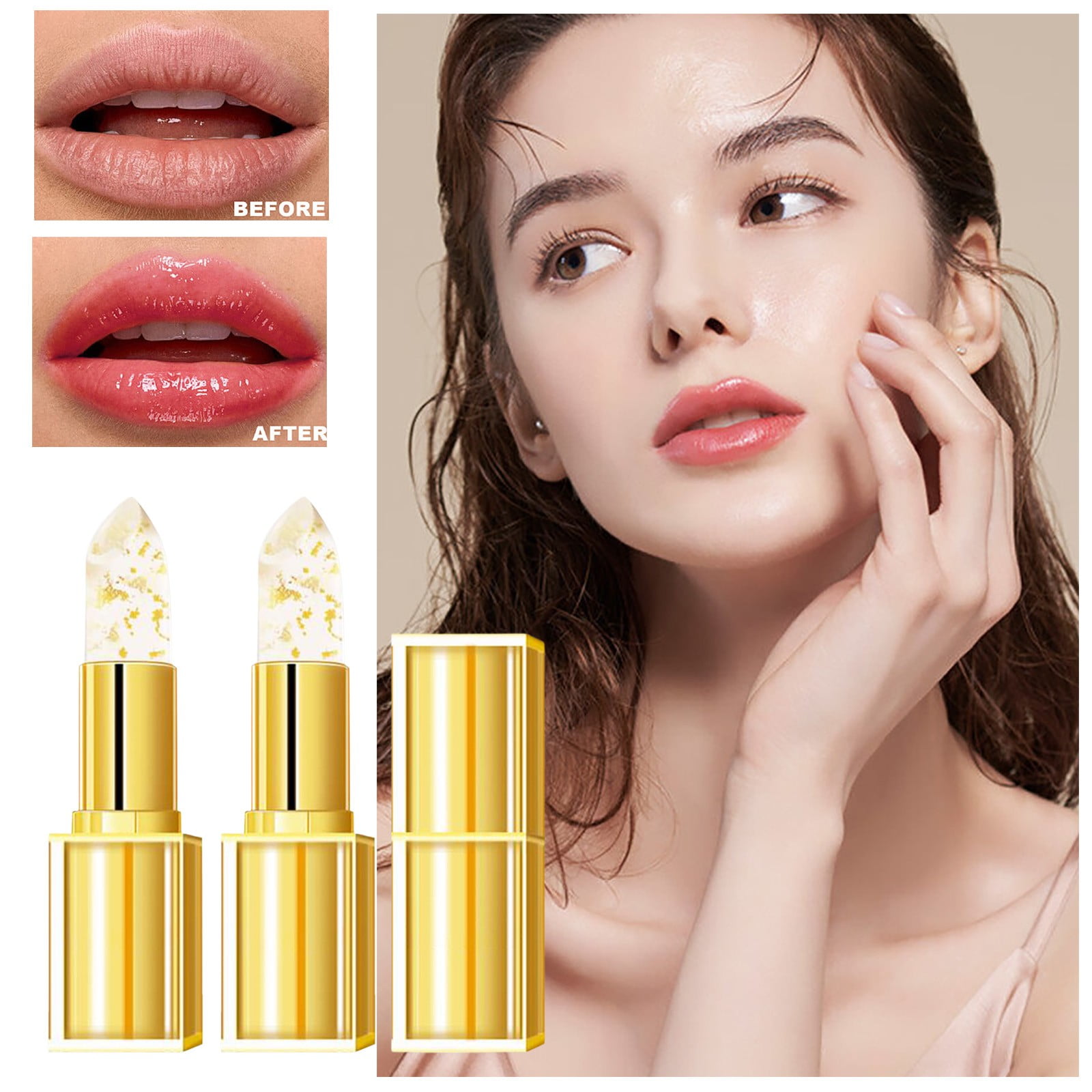Mcolor 2 Pcs Transferproof Color Changing Lipstick, Imaginary Lip Gloss for Women, Gold Foil Crystal Ph Lipstick Color Changing Moisturizing Glossy Shine Lip Gloss