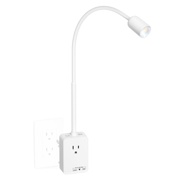 Plug in LED Book Reading Spot Light, White Dimmable Wall Sconce Lamp with Power Plug and Outlet Extender for Kitchen Bedroom Living Room, 3 Lighting Colors, USB Output Charging Ports