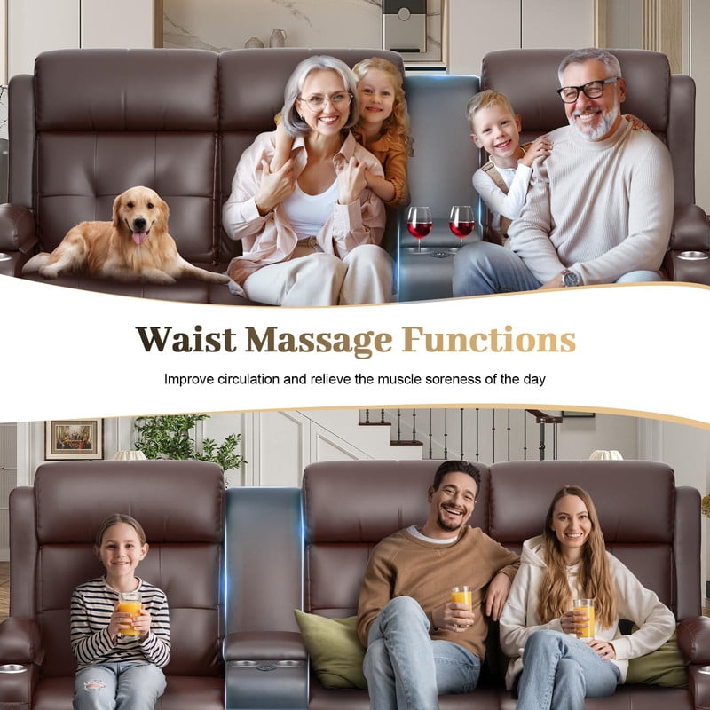 LOBERFVE Loveseat, 3 Seater Manual Recliner with Cup Holders, USB and Type-C Port, Faux Leather Recliner Chair with Massage Function for Living Room Furniture, Brown