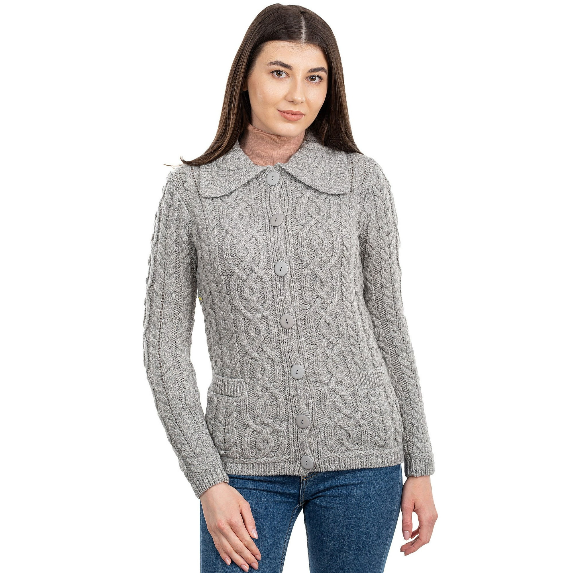 SAOL 100% Merino Wool Women's Aran Cable Knit Cardigan Sweater Button Up Irish Jacket with Pockets Made in Ireland