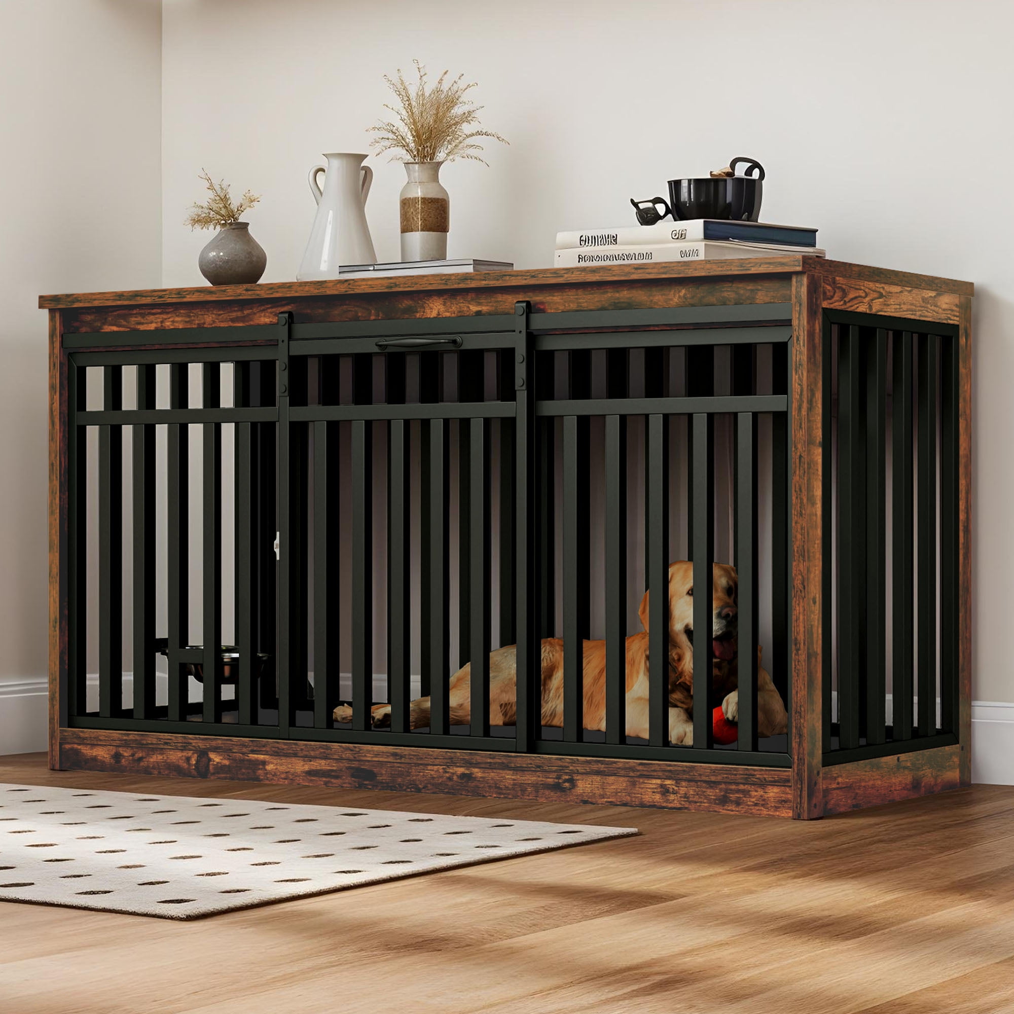 Uforic Large Dog Crate Furniture with 2 Dog Bowls, 55.1 Inch Heavy Duty Wooden TV Stand, Metal Dog Kennel, Rustic Brown