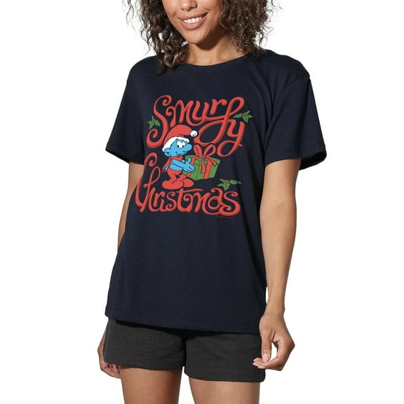 Smurfs Smurfy Christmas Gift Women's Loose T-Shirt, Navy, 2X-Large