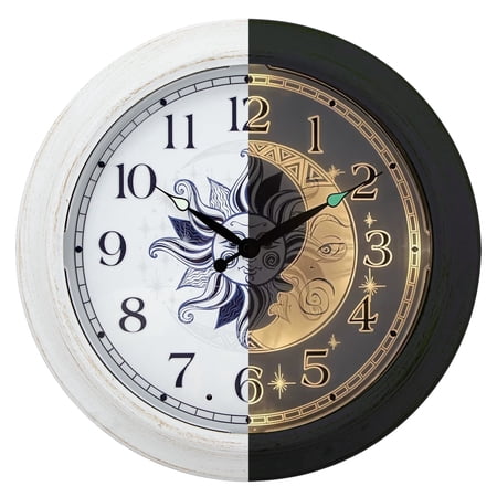 15 Inch Metal Night Clock, Sun and Moon Design Outdoor Clock Glow in The Dark, Night Light Wall Clock for Living Room Kitchen Garden Pool Patio, Easy to Read Large Digital Display