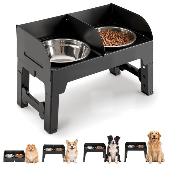 Marchul Elevated Dog Feeder with 4 Adjustable Heights, 8.5cm Raised Splash Guard, Separate Food & Water Areas, Two Stainless Steel Bowls, Non-Slip Stand for Small Medium Large Dogs