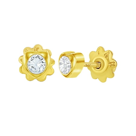 14k Yellow Gold Clear CZ Little Heart Screw Back Baby Toddlers Girls Earrings