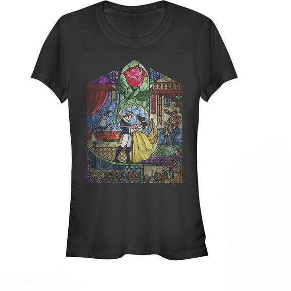Junior's Beauty and the Beast Stained Glass  Graphic Tee Black Large