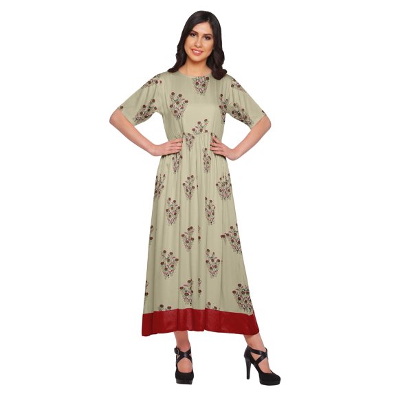 Moomaya Printed Pleated Dress Elbow Sleeve Tunic Summer Wear Kurti For Women